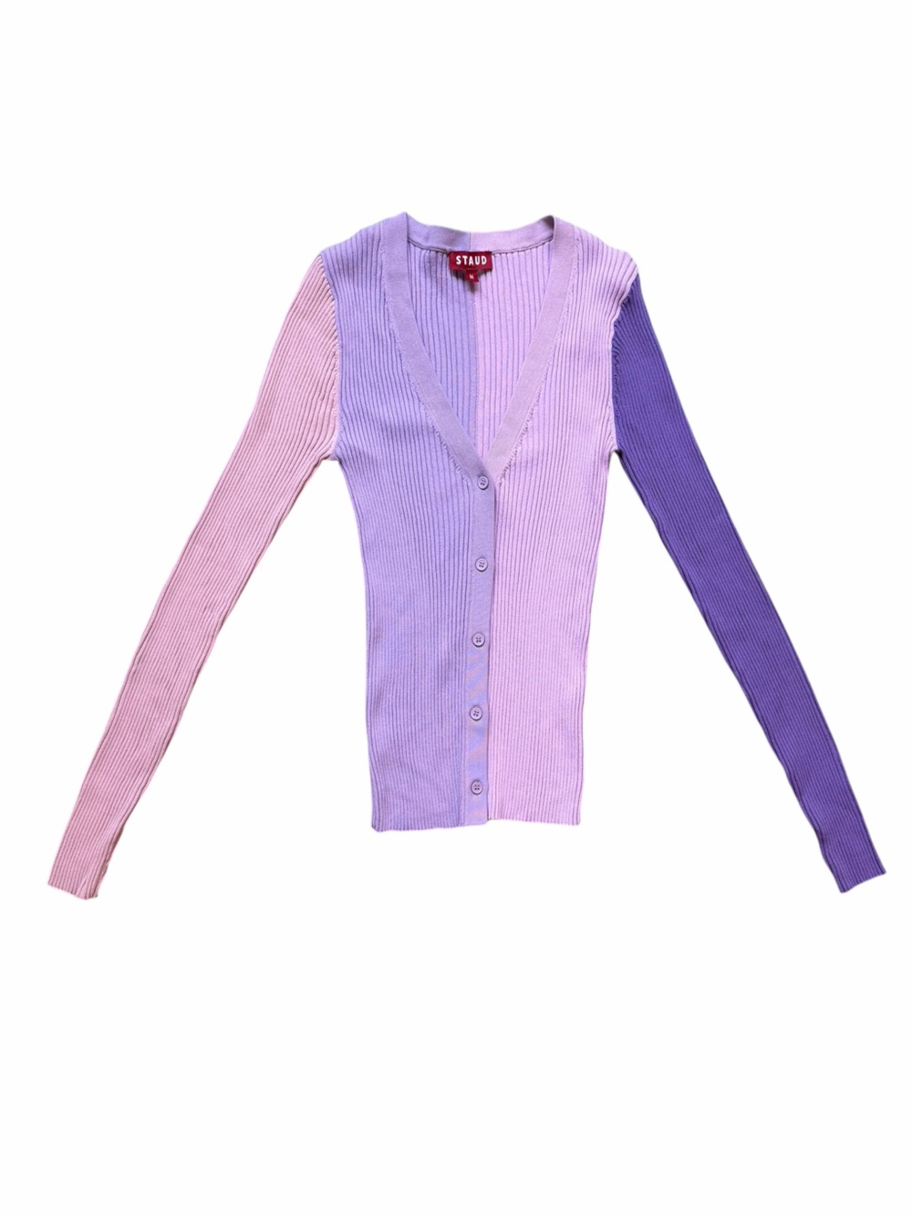 Staud Cargo Purple Pink Color Block Ribbed Knit Cardigan